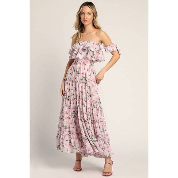 Lulus Chance For Us Blush Floral Off-the-shoulder Ruffled Maxi Dress Pink - Picture 1 of 2